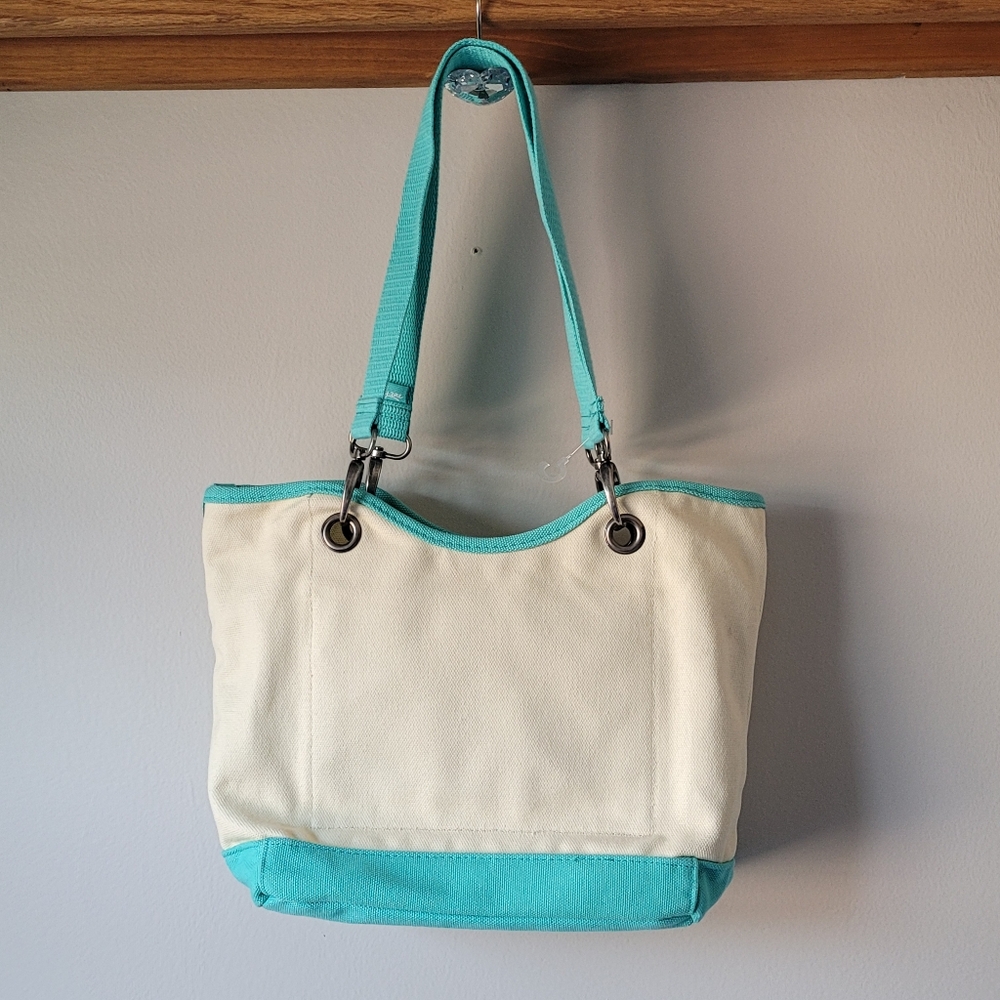 THIRTY-ONE Canvas Crew Carry-All Tote Bag Natural And Turquoise RETIRED